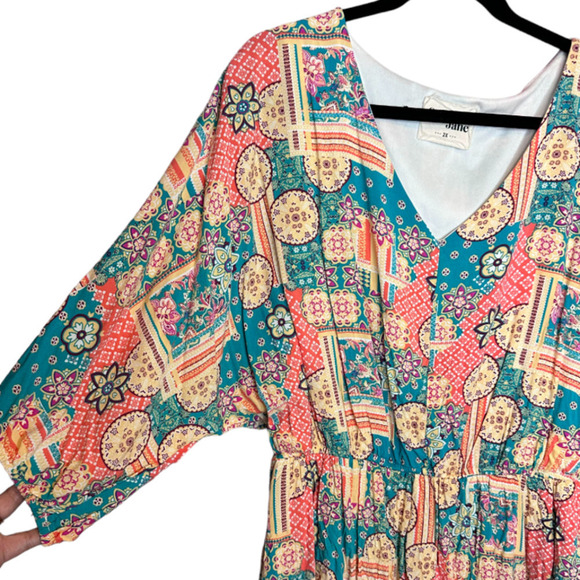 Savanah Jane Pin Teal Geo Print Mini Dress Flowey Bohemian Stretch Waist Size 2X - Picture 1 of 6